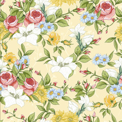 Seamless Pattern with Vintage Wildflowers