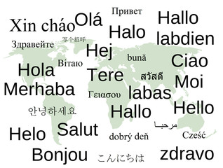 World languages, communication. Hello translated.