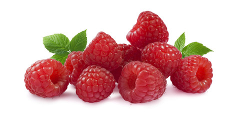 Raspberry with leaves horizontal isolated on white background