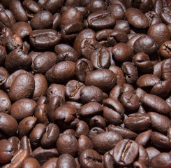 Brown coffee beans, close-up of coffee beans for background