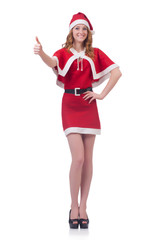Fototapeta na wymiar Young woman in red santa costume on white