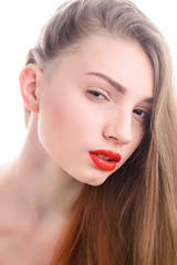 Portrait of attractive young woman with red lipstick