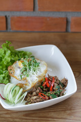 thai spicy food basil pork fried rice with egg