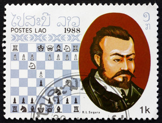 Postage stamp Laos 1988 Ruy Lopez de Segura, Chess Champion