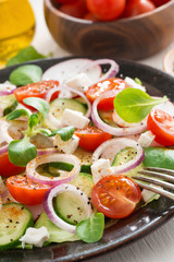 Greek salad with feta cheese on a plate, close-up