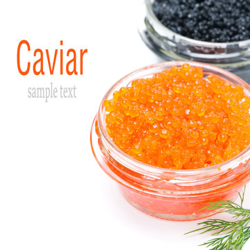 red caviar in a glass jar, isolated