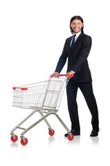 Man shopping with supermarket basket cart isolated on white