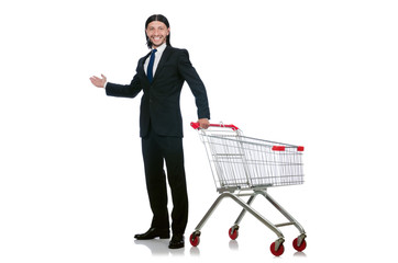 Man shopping with supermarket basket cart isolated on white
