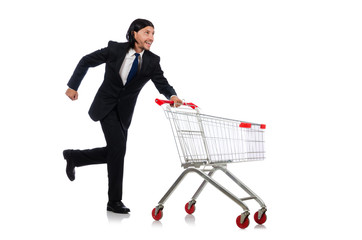 Man shopping with supermarket basket cart isolated on white