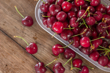 Cherries on a table from above view