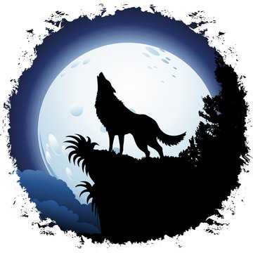 Wolf Howling at Blue Moon on Grunge Frame