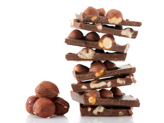 Chocolate with nuts on white background