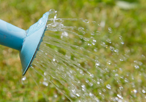 Water Pouring From A Blue Watering Can