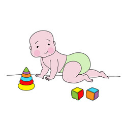 Creeping baby with toys
