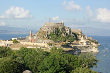Fototapeta na wymiar Corfu castle old fort with a Greek island with blue Mediterranean sea