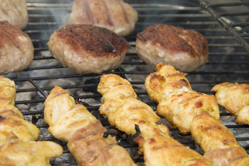 Grilled chicken meat and meetballs
