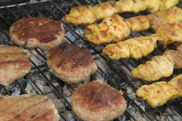 Grilled chicken meat and meetballs