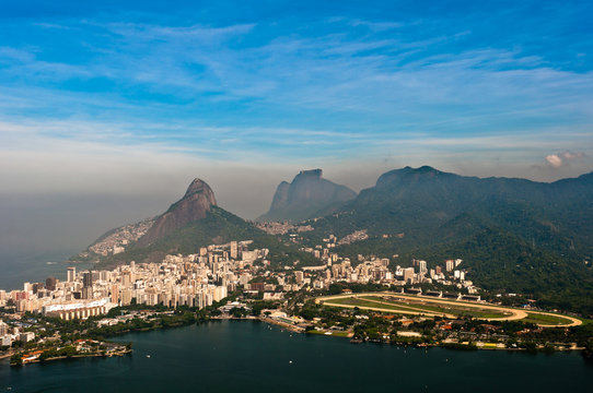 Aerial View of Rio de Janeiro Mountains, Lake, Urban Areas