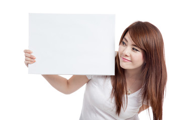 Asian girl hold blank sign