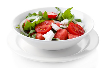 Salad with watermelon, feta, arugula and spinach leaves