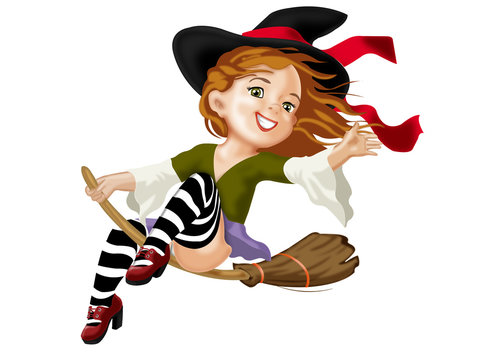 юная веселая ведьма на метле