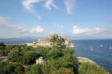 castle old fort and rotunda in Corfu a Greek island in blue Mediterranean sea	