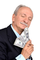 Lucky old man holding dollar bills