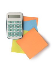 Calculator and sticky notes isolated on white background with cl