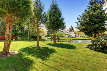 Fototapeta na wymiar Residential complex backyard garden with pond, trees and sitting