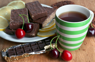 Cup of tea and sweets close up