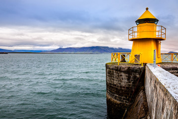 Reykjavik harbor lighthouse - obrazy, fototapety, plakaty