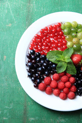 Forest berries on plate, on color wooden background