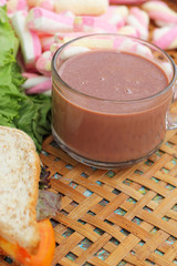 Hot chocolate and marshmallows pink tuna sandwich.