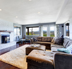 Living room interior with fireplace and tv