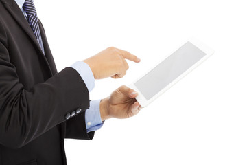 close up of businessman touching tablet  with white background