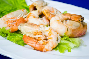 shrimp on a plate with vegetable salad