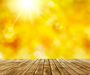wooden platform with hot sunlight background