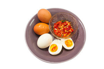 Boiled eggs in half and Boiled egg with Chili and fish sauce in