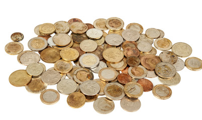 Different old european coins on white