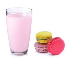 Strawberry milk and macaroon isolated on white background