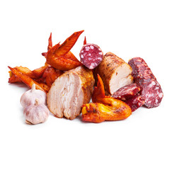 Meat, chicken wings and sausages