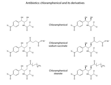 Structural chemical formulas of antibiotic chloramphenicol