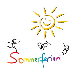 Ferien, Urlaub, Sommerferien - Schriftzug, Kinder und Sonne