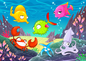Fototapeta na wymiar Funny happy animals under the sea.