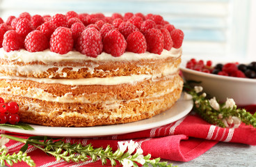 Tasty cake with fresh berries, close up