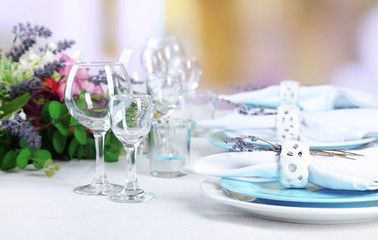 Dining table setting with lavender flowers