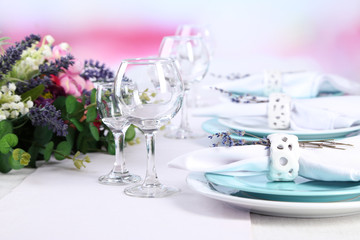 Dining table setting with lavender flowers