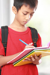 Portrait of boy with backpack writing
