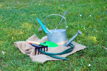 Garden tools on green grass background