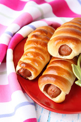 Baked sausage rolls on plate on table close-up